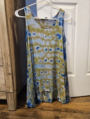 Sleeveless Tie-Dye Asymmetrical Tank Top - Blue & Olive